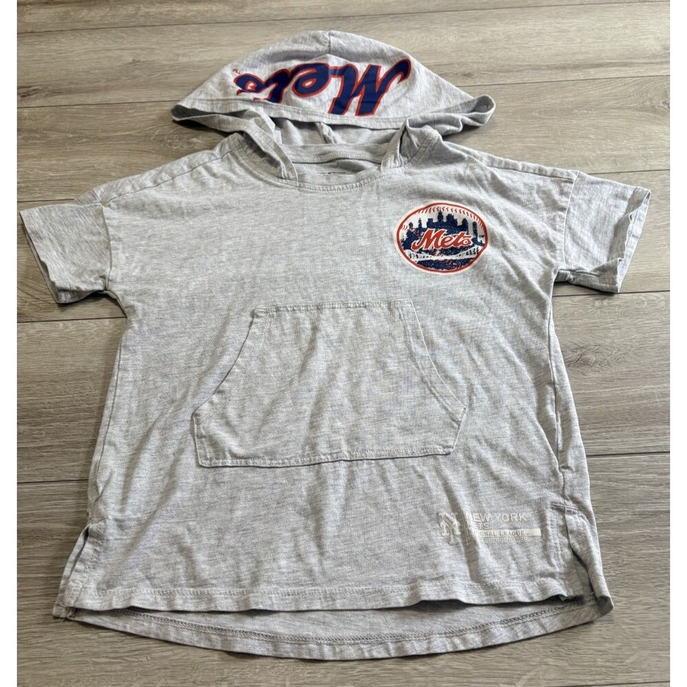New York Mets MLB Short Sleeve Gray Printed Hoodie T Shirt Kids Size Small 7-8